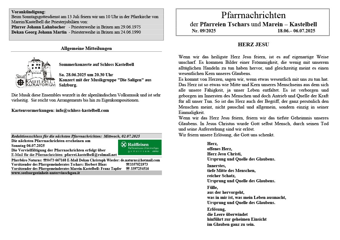 Pfarrnachrichten der Pfarreien Tschars und Marein – Kastelbell Nr. 09/2025 18.06.– 06.07.2025